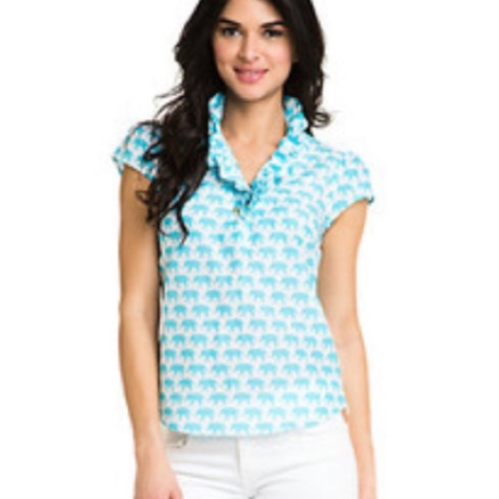 Elizabeth McKay Silk Aqua Blue & White Elephant Ruffle Blouse - 4